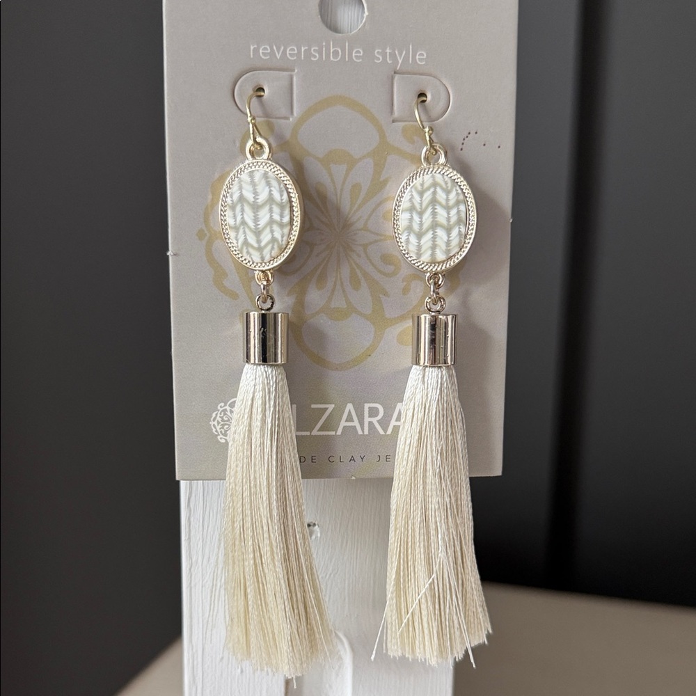 NWT Jilzarah Gold Gray Cream Handmade Clay Fringe Tassel Earrings Reversible